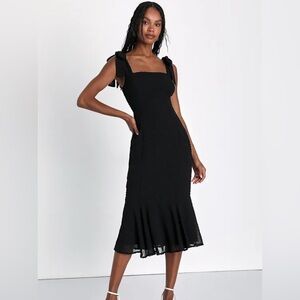 Lulu's Bimini Black Swiss Dot Tie-Strap Midi Dress